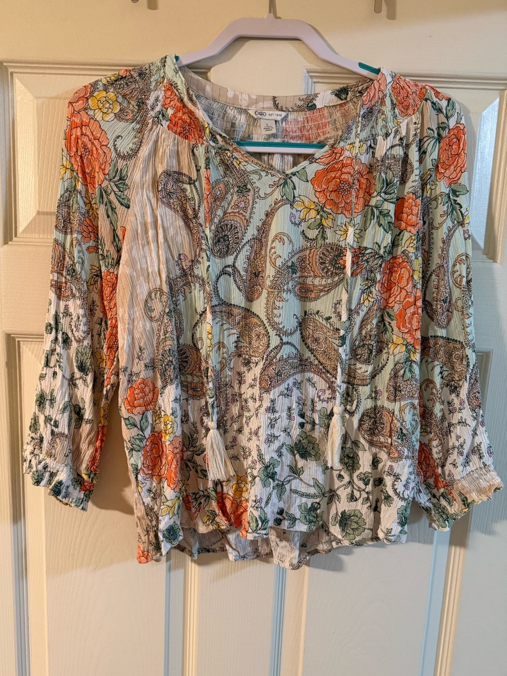 Cato Floral Paisley Peasant Blouse - Orange, Yellow, Green, Cream